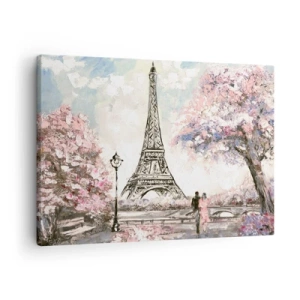 Quadro em tela - A Torre Eiffel cercada por árvores floridas - 70x50cm - Caminhada de abril por Paris - Decoração de parede moderna para a sala de estar e quarto ARTTOR