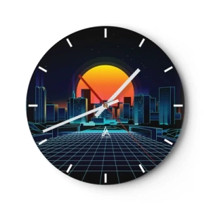 Relógio de parede - Relógio em vidro - Paisagem urbana retrô-futurista com luzes de neon e pôr do sol - 30x30cm - Ainda quer ir para o mundo real? - Decoração de parede moderna para a sala de estar, cozinha e quarto ARTTOR