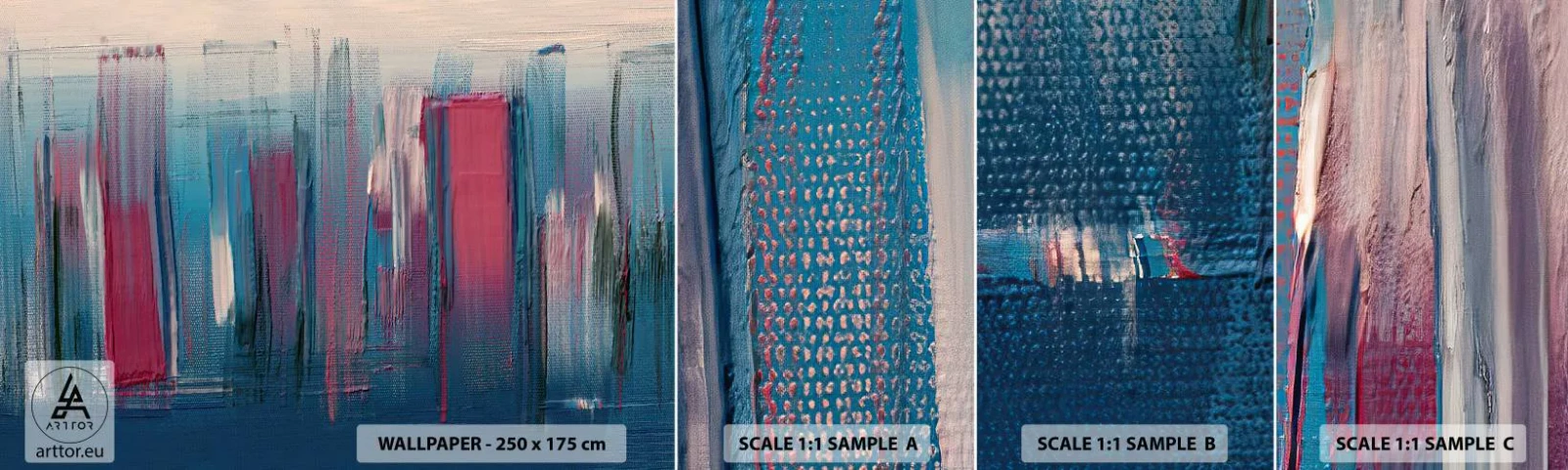 Amostra de Papel de Parede Standard Eco - Composição vertical em azul e vermelho - Pedaço, Abstração, Pintar - 100x30 cm