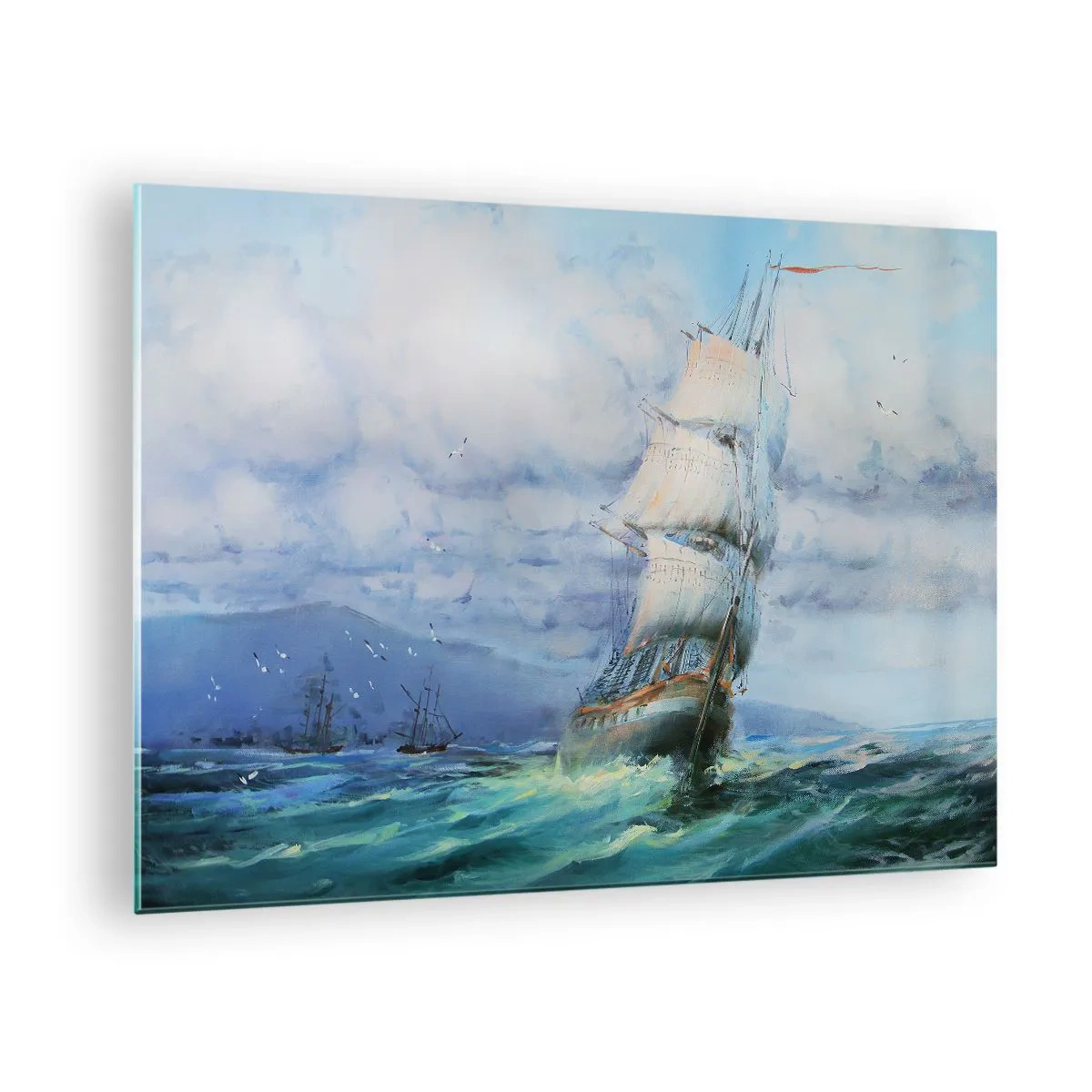 Quadro em vidro - Um navio com velas navegando em um mar tempestuoso sob um céu nublado - 70x50cm - Bons ventos - Decoração de parede moderna para a sala de estar e quarto ARTTOR