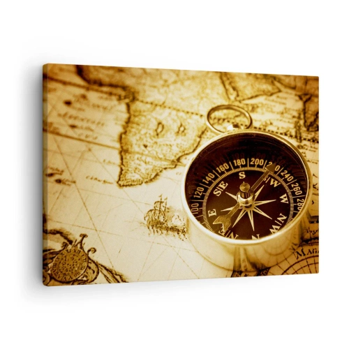 Quadro em tela - Uma bússola antiga contra o fundo de um antigo mapa-múndi - 70x50cm - Oriente ou Ocidente? - Decoração de parede moderna para a sala de estar e quarto ARTTOR