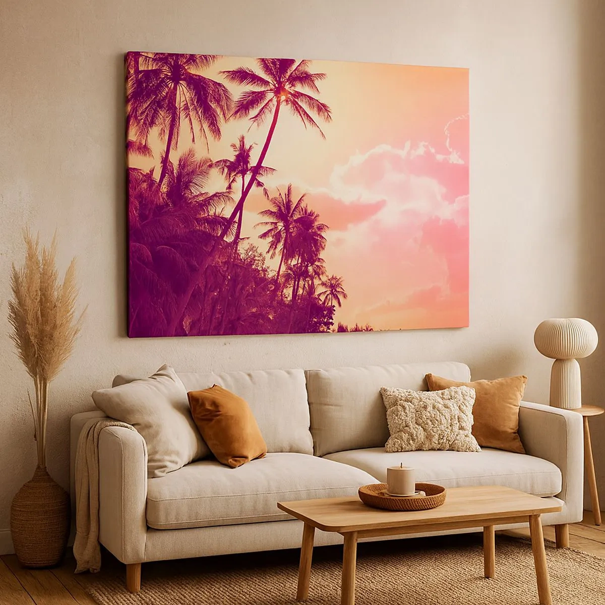 Quadro em tela - Palmeiras iluminadas pelo pôr do sol em um céu tropical - 70x50cm - Tem que escolher - Decoração de parede moderna para a sala de estar e quarto ARTTOR