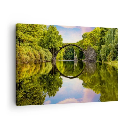 Quadro em tela - Uma ponte de pedra sobre um rio com um reflexo perfeito na água - 70x50cm - Na junção de dois mundos - Decoração de parede moderna para a sala de estar e quarto ARTTOR