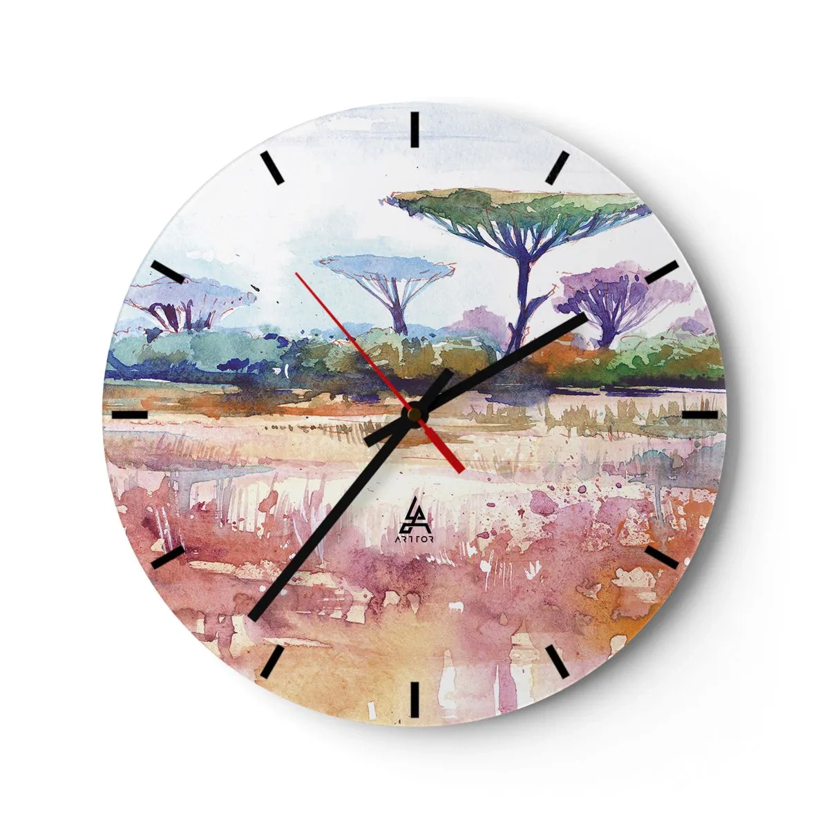 Relógio de parede - Relógio em vidro - Uma paisagem de savana em aquarela com árvores características - 30x30cm - Cores da savana - Decoração de parede moderna para a sala de estar, cozinha e quarto ARTTOR