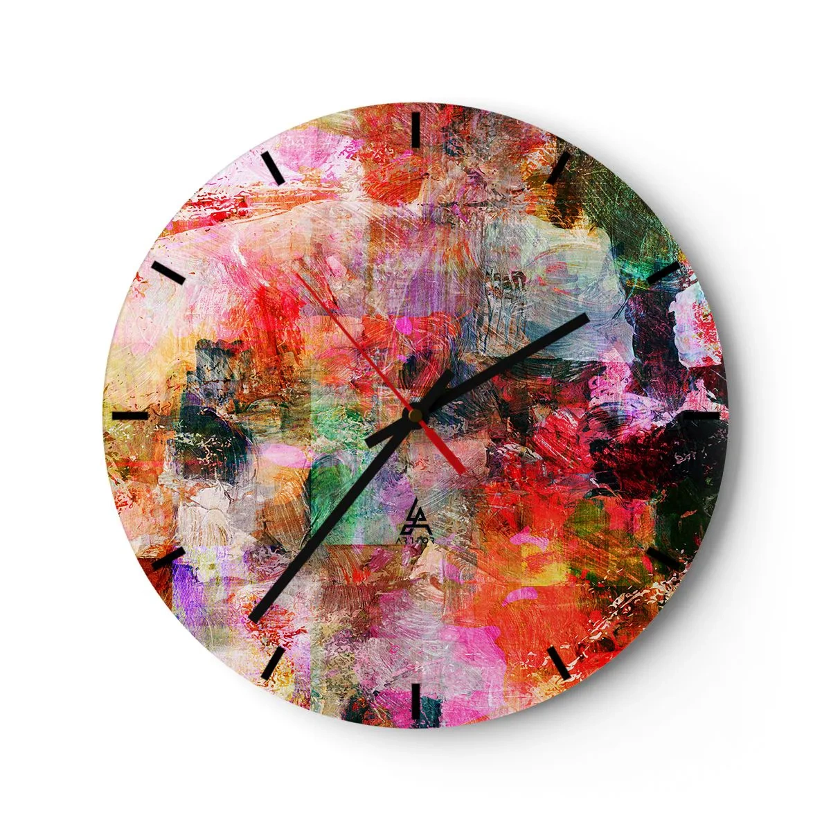 Relógio de parede - Relógio em vidro - Uma composição abstrata em cores vibrantes de rosa e vermelho. - 30x30cm - Viagem rosa - Decoração de parede moderna para a sala de estar, cozinha e quarto ARTTOR
