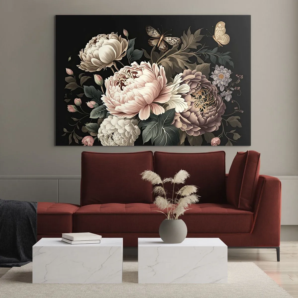 Quadro em vidro - Composição floral com borboletas em fundo preto - 70x50cm - Em estilo barroco - Decoração de parede moderna para a sala de estar e quarto ARTTOR