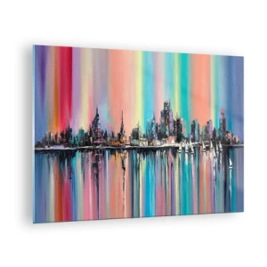 Quadro em vidro - Panorama abstrato da cidade com fundo multicolorido - 70x50cm - Brilho da noite - Decoração de parede moderna para a sala de estar e quarto ARTTOR