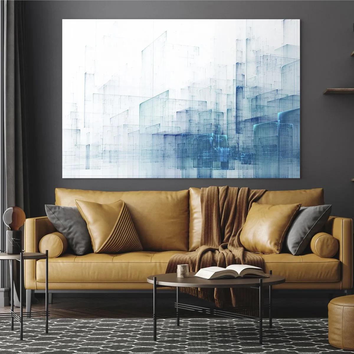 Quadro em vidro - Composição geométrica abstrata em tons de azul - 70x50cm - Como o espaço ficou - Decoração de parede moderna para a sala de estar e quarto ARTTOR