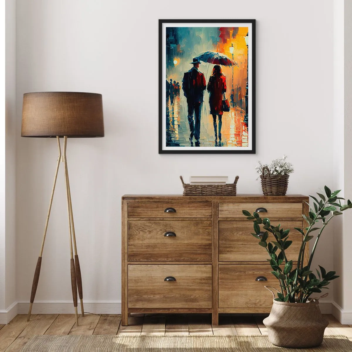 Pôster com moldura preta - Casal romântico sob um guarda-chuva na chuva - 50x70cm - História de amor urbano - Decoração de parede moderna para a sala de estar e quarto ARTTOR