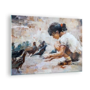 Quadro em vidro - Uma menina alimentando pássaros em um fundo impressionista - 70x50cm - Pequenos e queridos - Decoração de parede moderna para a sala de estar e quarto ARTTOR
