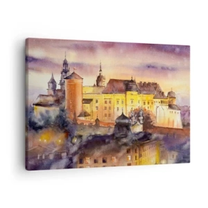 Quadro em tela - Uma pitoresca pintura em aquarela de um castelo ao pôr do sol - 70x50cm - História e conto de fadas - Decoração de parede moderna para a sala de estar e quarto ARTTOR