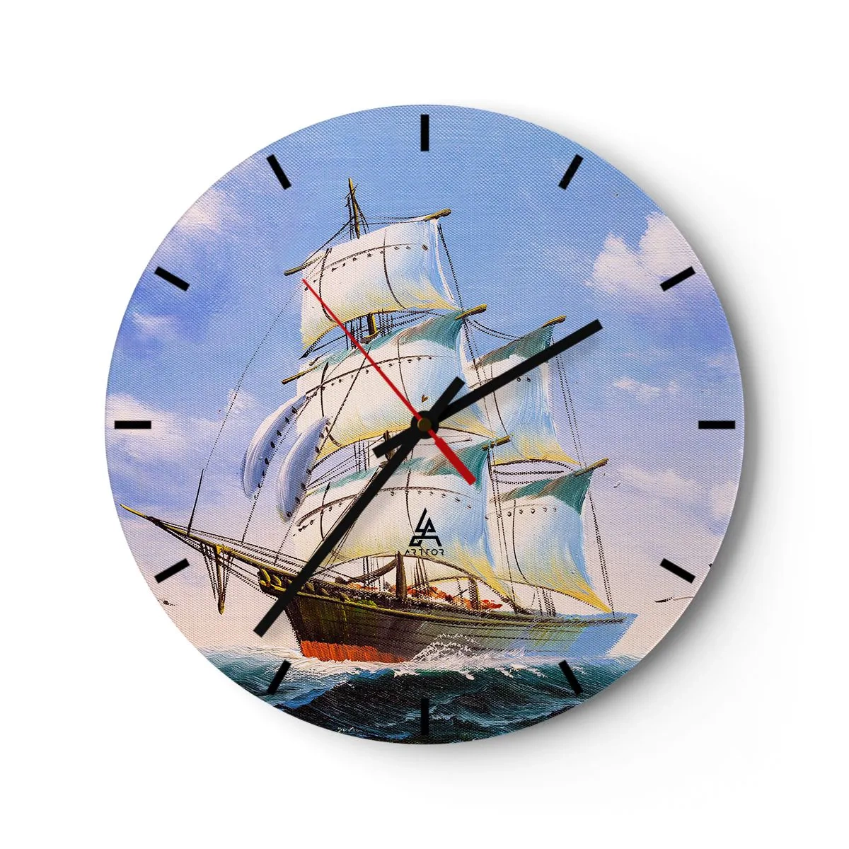 Relógio de parede - Relógio em vidro - Veleiros pictóricos em um mar tempestuoso sob um céu azul - 30x30cm - Orgulhosamente com o vento - Decoração de parede moderna para a sala de estar, cozinha e quarto ARTTOR