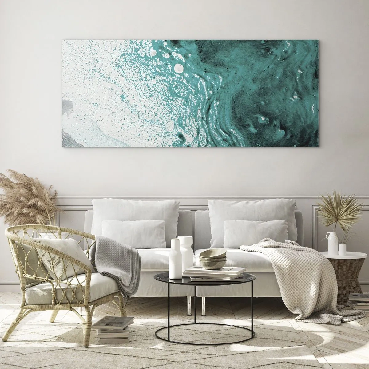 Quadro em vidro - Derreter a branco e turquesa - 100x40 cm