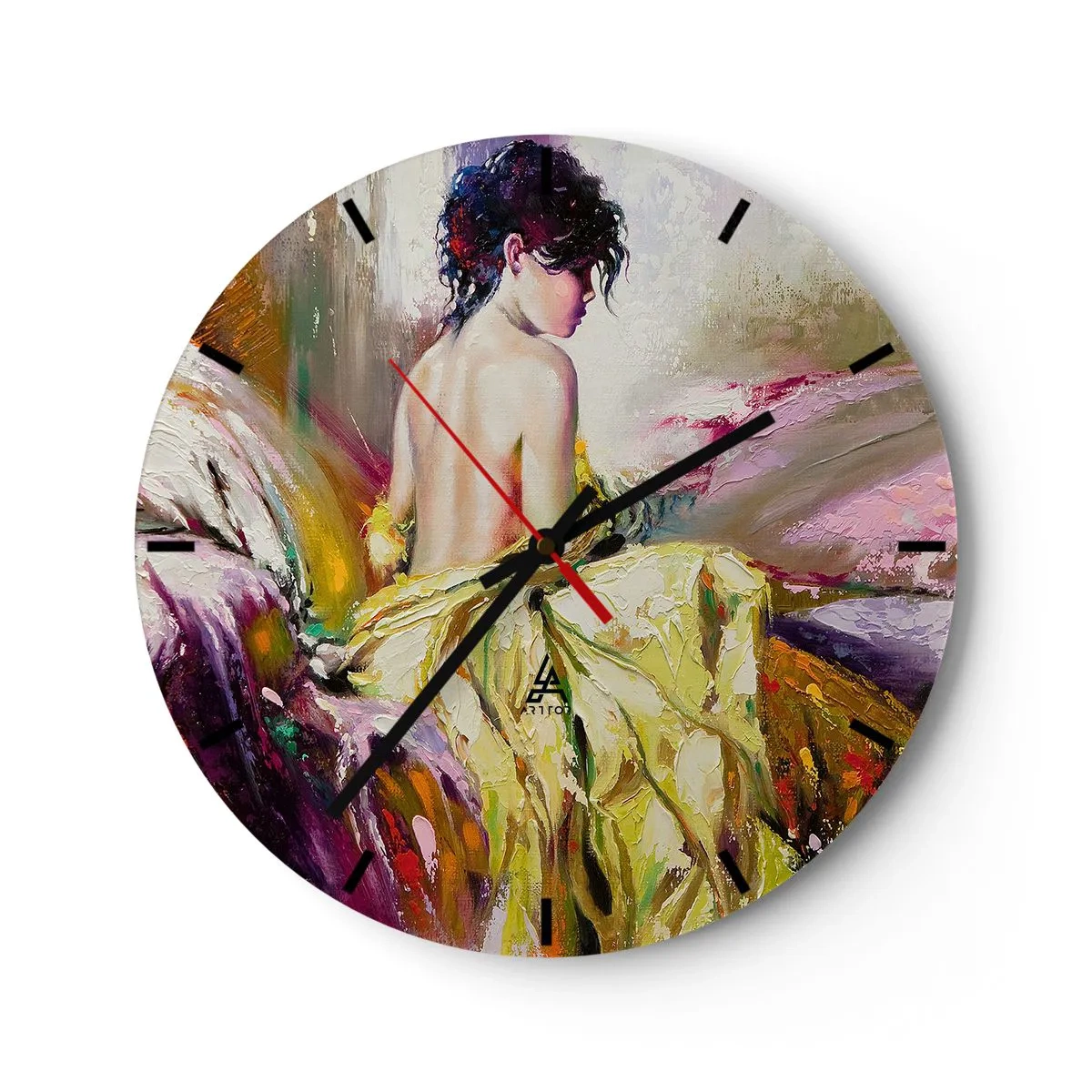 Relógio de parede - Relógio em vidro - Uma pintura de uma mulher com um vestido amarelo sobre um fundo pictórico cheio de cores. - 30x30cm - Entre a boca e a borda do copo - Decoração de parede moderna para a sala de estar, cozinha e quarto ARTTOR