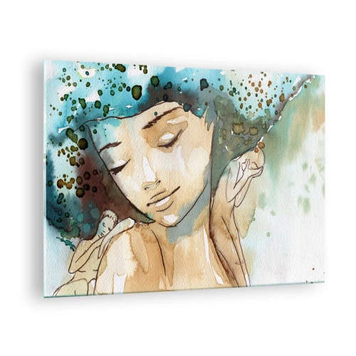 Quadro em vidro - Retrato em aquarela de uma mulher com os olhos fechados - 70x50cm - Dama em azul - Decoração de parede moderna para a sala de estar e quarto ARTTOR