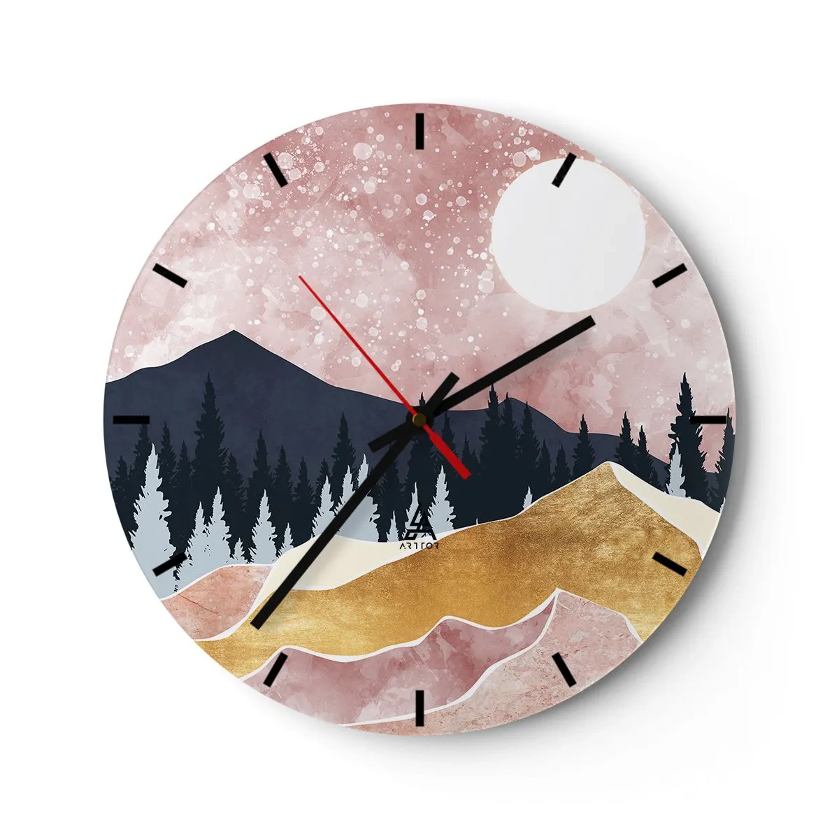 Relógio de parede - Relógio em vidro - Paisagem artística de montanha em cores pastel com uma floresta e a lua. - 30x30cm - Ronda Noturna - Decoração de parede moderna para a sala de estar, cozinha e quarto ARTTOR