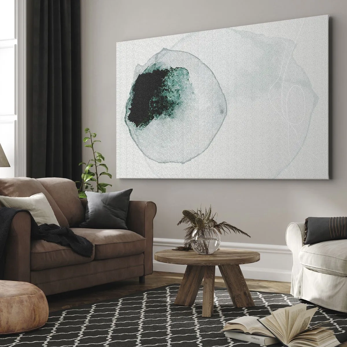 Quadro em tela - Gota de água abstrata com tons de verde e preto - 70x50cm - Numa gota d'água - Decoração de parede moderna para a sala de estar e quarto ARTTOR