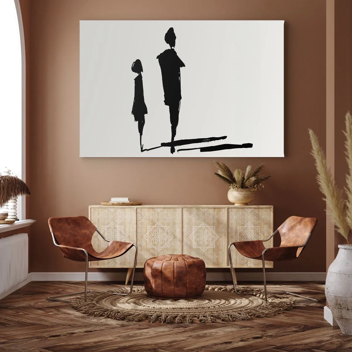 Quadro em tela - Silhuetas de duas pessoas em preto sobre fundo claro - 70x50cm - Certeza que juntos? - Decoração de parede moderna para a sala de estar e quarto ARTTOR