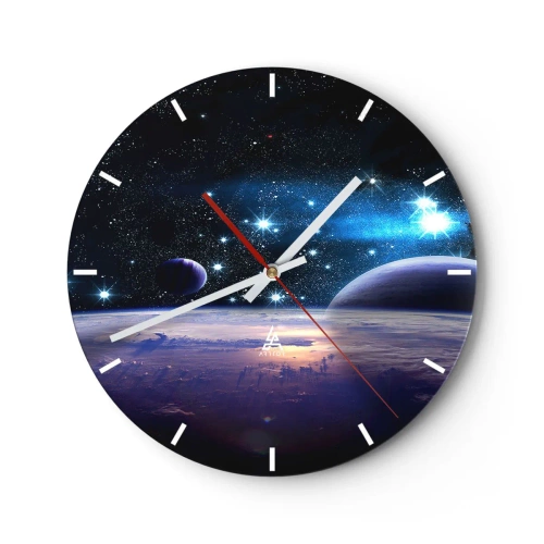Relógio de parede - Relógio em vidro - Espaço com estrelas, planetas e uma superfície planetária com atmosfera - 30x30cm - Ainda sozinhos? - Decoração de parede moderna para a sala de estar, cozinha e quarto ARTTOR