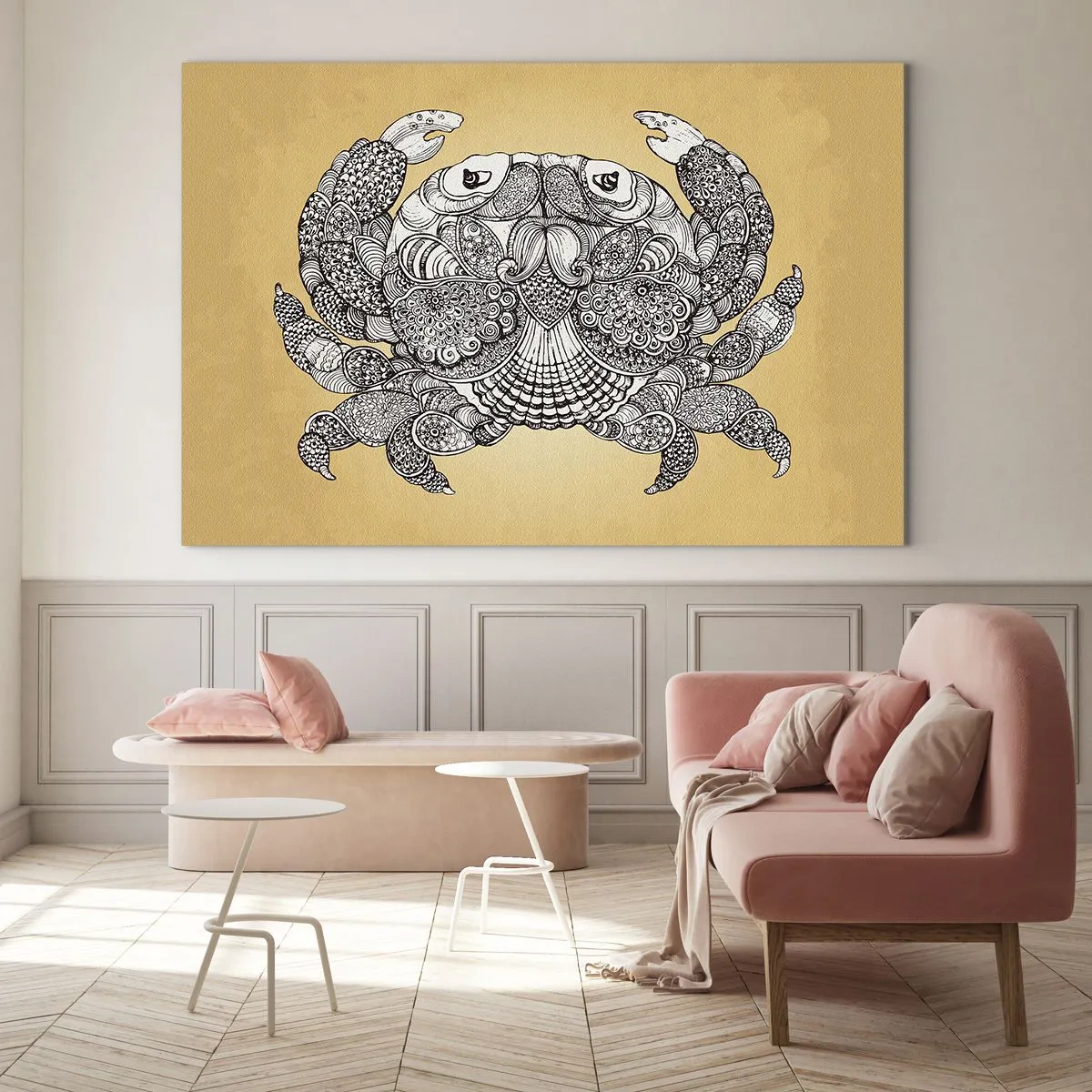 Quadro em vidro - Desenho estilizado de um caranguejo com enfeites em um fundo amarelo - 70x50cm - Contos do Sr. Caranguejo - Decoração de parede moderna para a sala de estar e quarto ARTTOR
