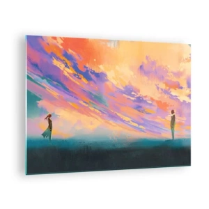 Quadro em vidro - Duas pessoas tendo como pano de fundo um céu colorido do pôr do sol - 70x50cm - A força da atração - Decoração de parede moderna para a sala de estar e quarto ARTTOR