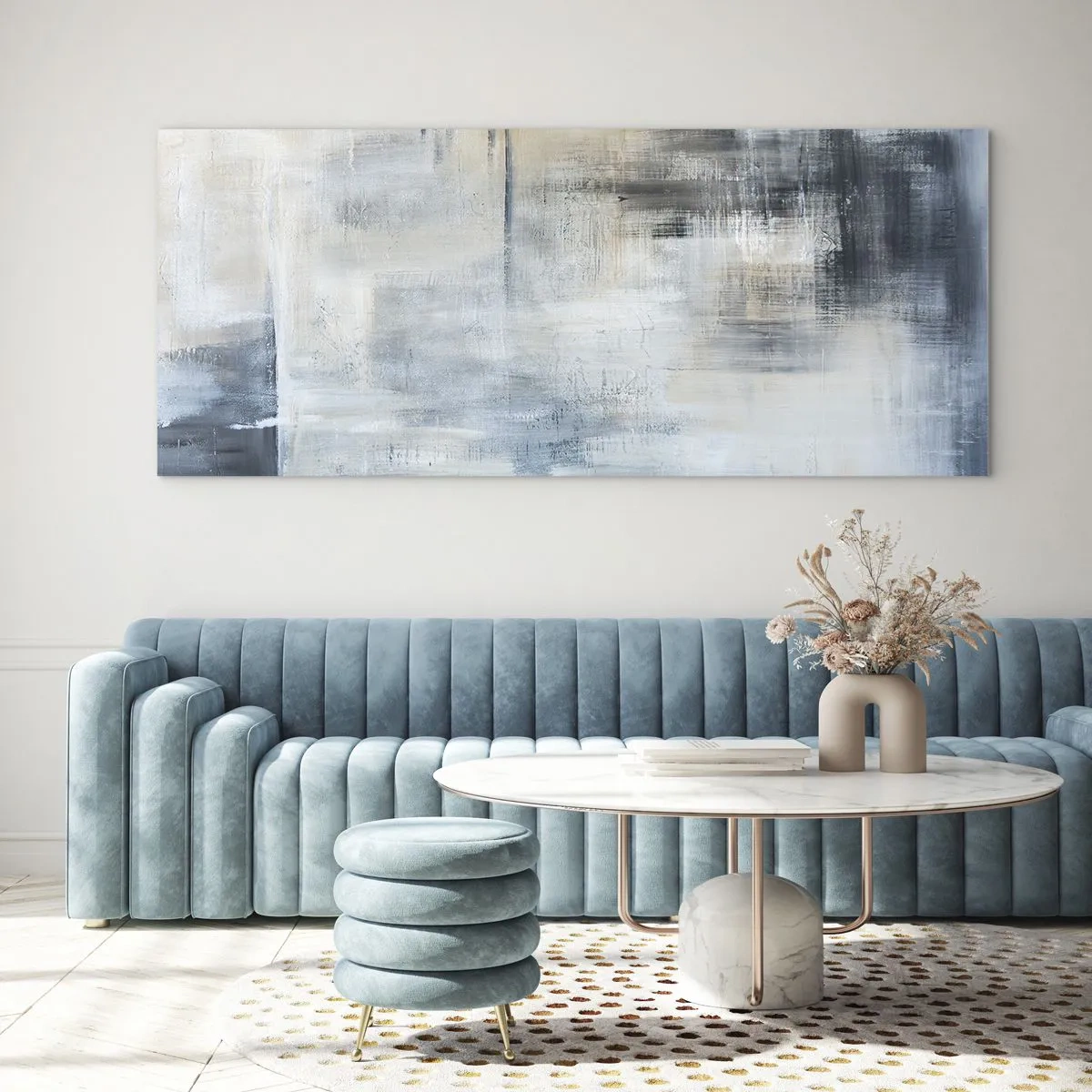 Quadro em vidro - Atrás da cortina azul - 100x40 cm