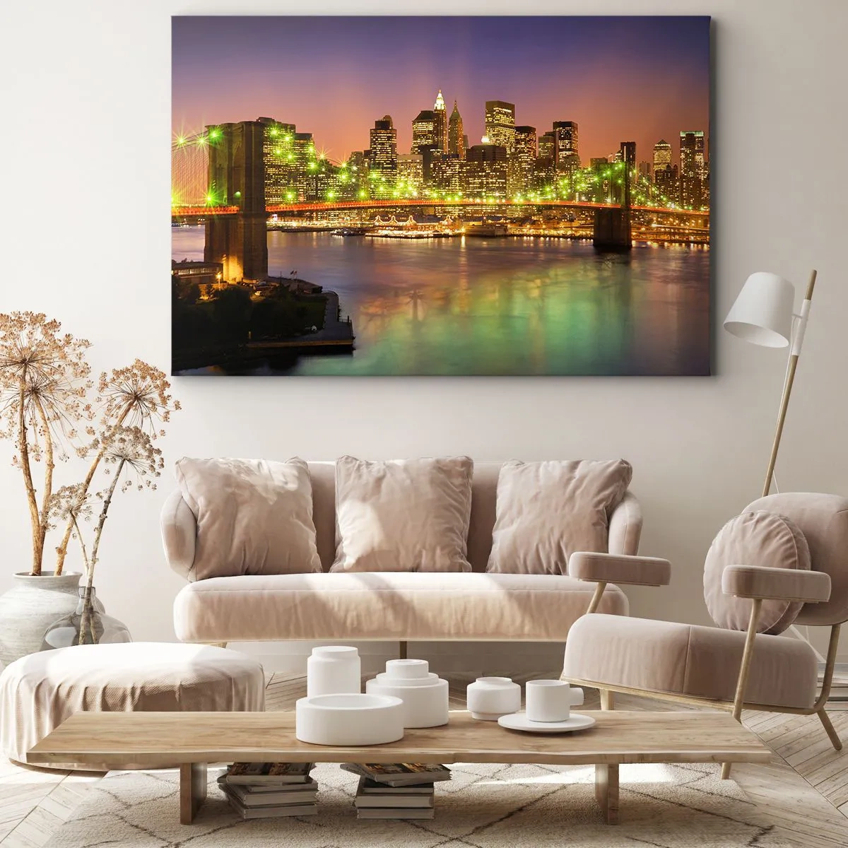 Quadro em tela - Ponte iluminada em uma cidade moderna à noite - 70x50cm - Aqui a luz nunca se apaga - Decoração de parede moderna para a sala de estar e quarto ARTTOR