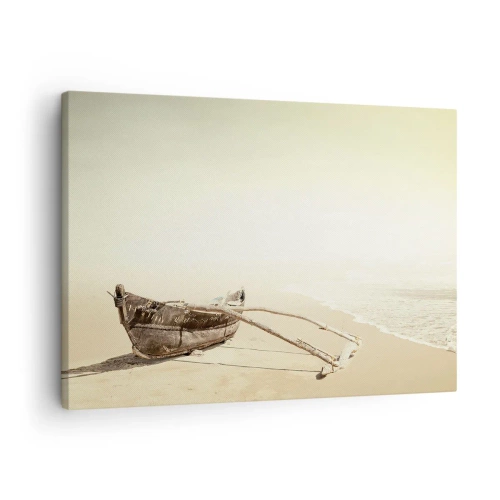 Quadro em tela - Velho barco de pesca em uma praia de areia - 70x50cm - Memória dos mares do sul - Decoração de parede moderna para a sala de estar e quarto ARTTOR