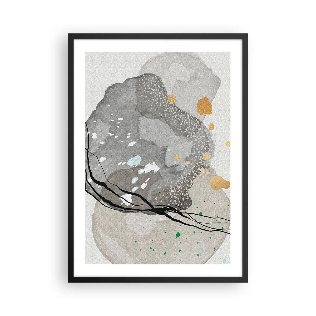 Pôster com moldura preta - Uma composição de formas orgânicas em tons de cinza e dourado. - 50x70cm - Composição orgánica - Decoração de parede moderna para a sala de estar e quarto ARTTOR