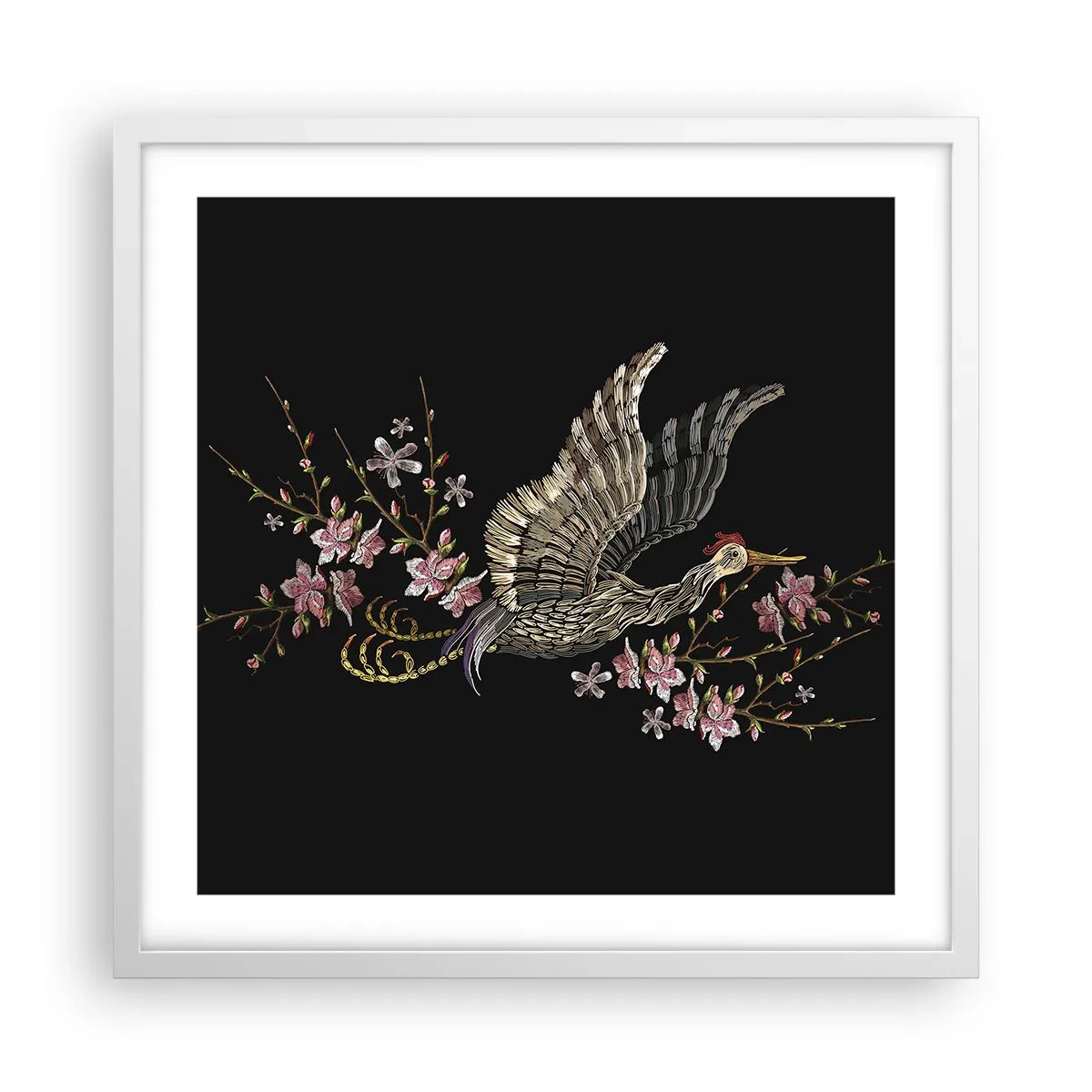 Pôster em moldura branca - Pássaro exótico e bordado - 50x50 cm