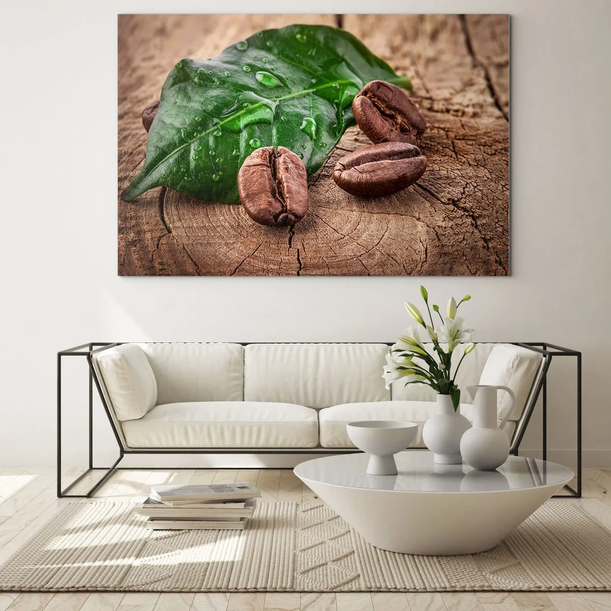Quadro em vidro - Grãos de café em um fundo de folha e madeira - 70x50cm - Preto e verdadeiro - Decoração de parede moderna para a sala de estar e quarto ARTTOR