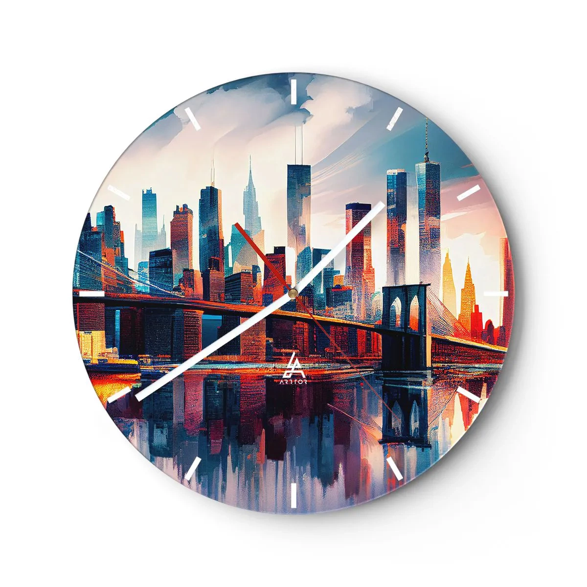 Relógio de parede - Relógio em vidro - Horizonte da cidade de Nova York com ponte e reflexo na água ao pôr do sol - 30x30cm - Nova York dos sonhos - Decoração de parede moderna para a sala de estar, cozinha e quarto ARTTOR