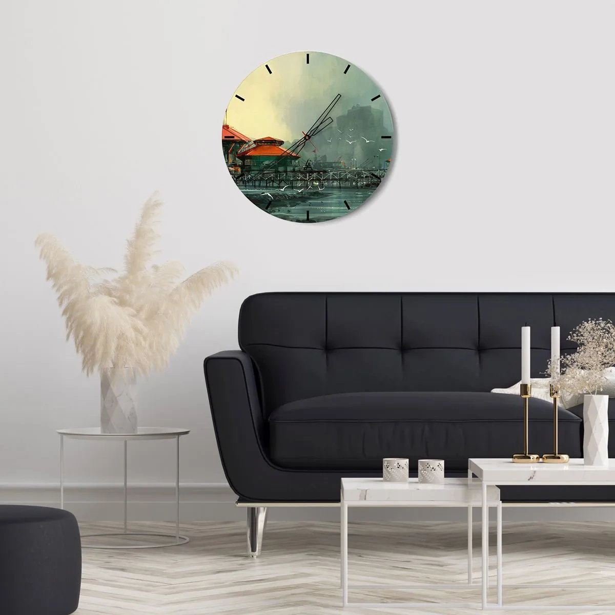 Relógio de parede - Relógio em vidro - Uma cena de porto com um píer e edifícios contra um céu nublado - 30x30cm - Um dia ensolarado no porto - Decoração de parede moderna para a sala de estar, cozinha e quarto ARTTOR