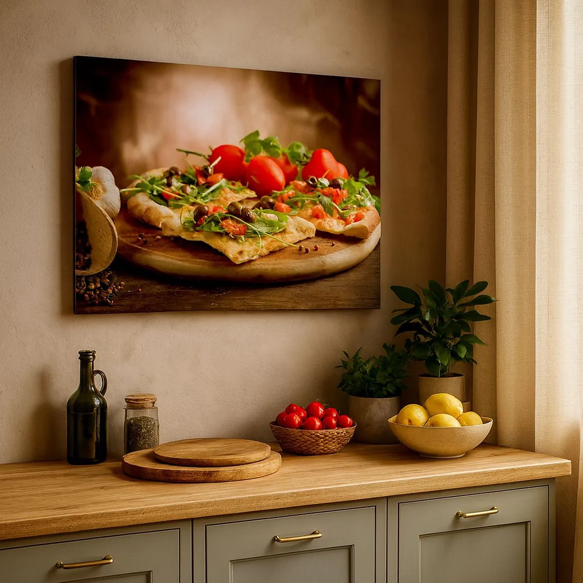 Quadro em tela - Pizza com legumes em uma tábua de madeira em estilo rústico - 70x50cm - Direto do forno e do jardim - Decoração de parede moderna para a sala de estar e quarto ARTTOR
