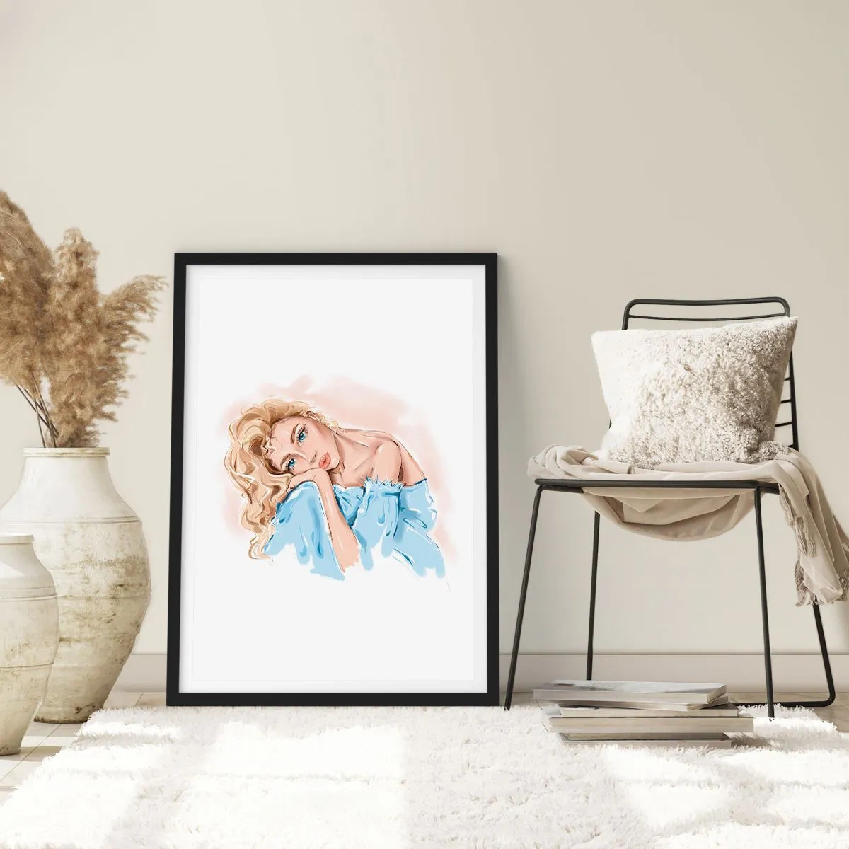 Pôster com moldura preta - Sonhadora em azul - 40x50 cm