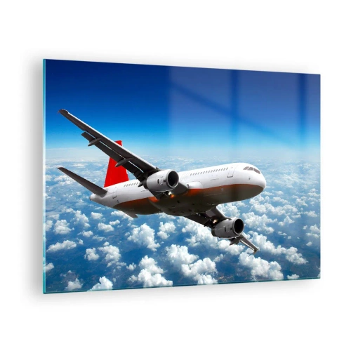 Quadro em vidro - Um avião de passageiros voando acima das nuvens contra um céu azul - 70x50cm - Afaste-se de tudo isso - Decoração de parede moderna para a sala de estar e quarto ARTTOR