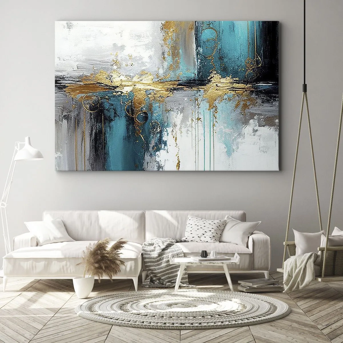Quadro em tela - Uma composição abstrata com detalhes em turquesa e dourado. - 70x50cm - Tudo flui - Decoração de parede moderna para a sala de estar e quarto ARTTOR