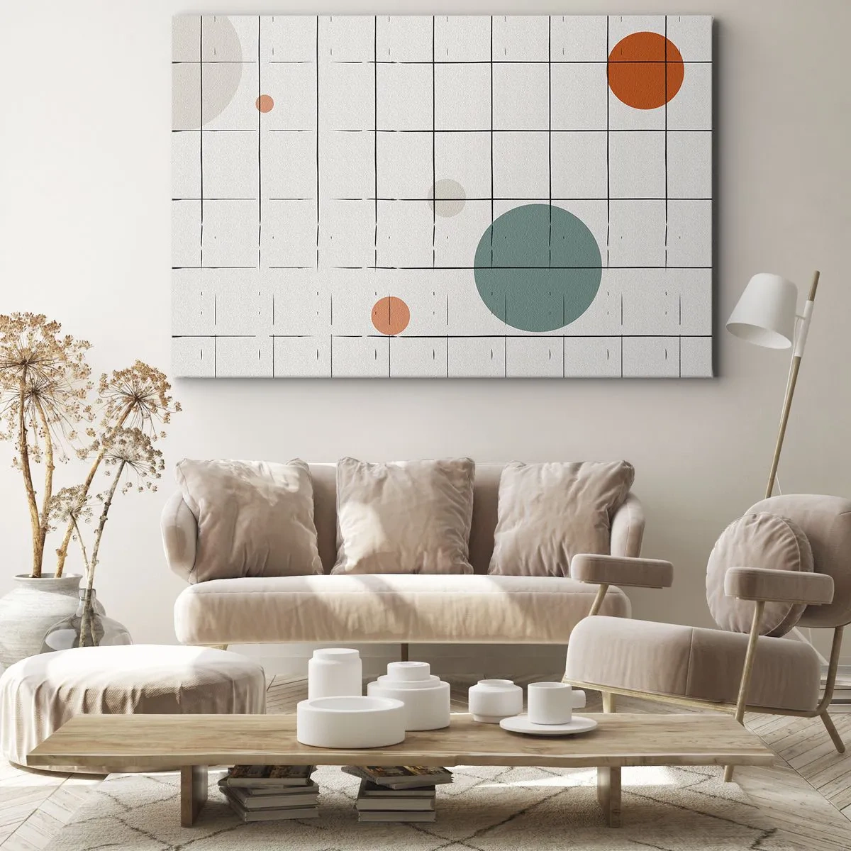Quadro em tela - Círculos coloridos abstratos em um fundo de grade geométrica - 70x50cm - Encurralado. Nós ou eles? - Decoração de parede moderna para a sala de estar e quarto ARTTOR