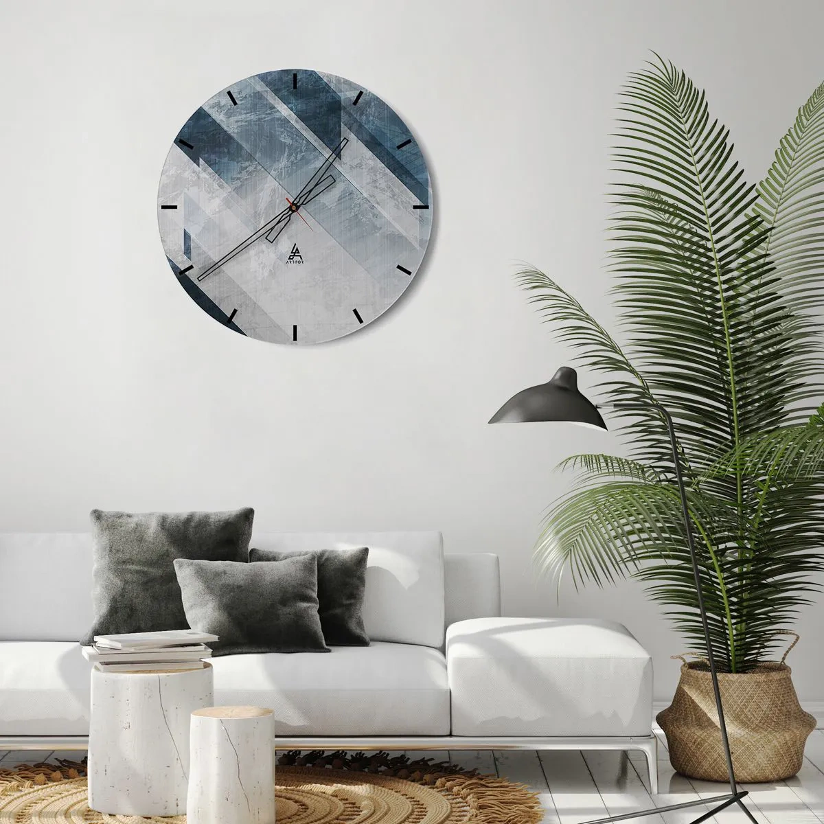 Relógio de parede - Relógio em vidro - Listras geométricas em tons de cinza e azul marinho criam profundidade - 30x30cm - Arte espacial – movimento cinzento - Decoração de parede moderna para a sala de estar, cozinha e quarto ARTTOR