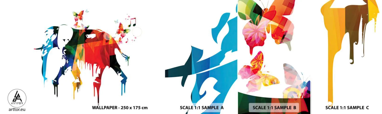 Amostra de Papel de Parede Standard Eco - Todos podem dançar - Abstração, Elefante, Borboleta - 100x30 cm