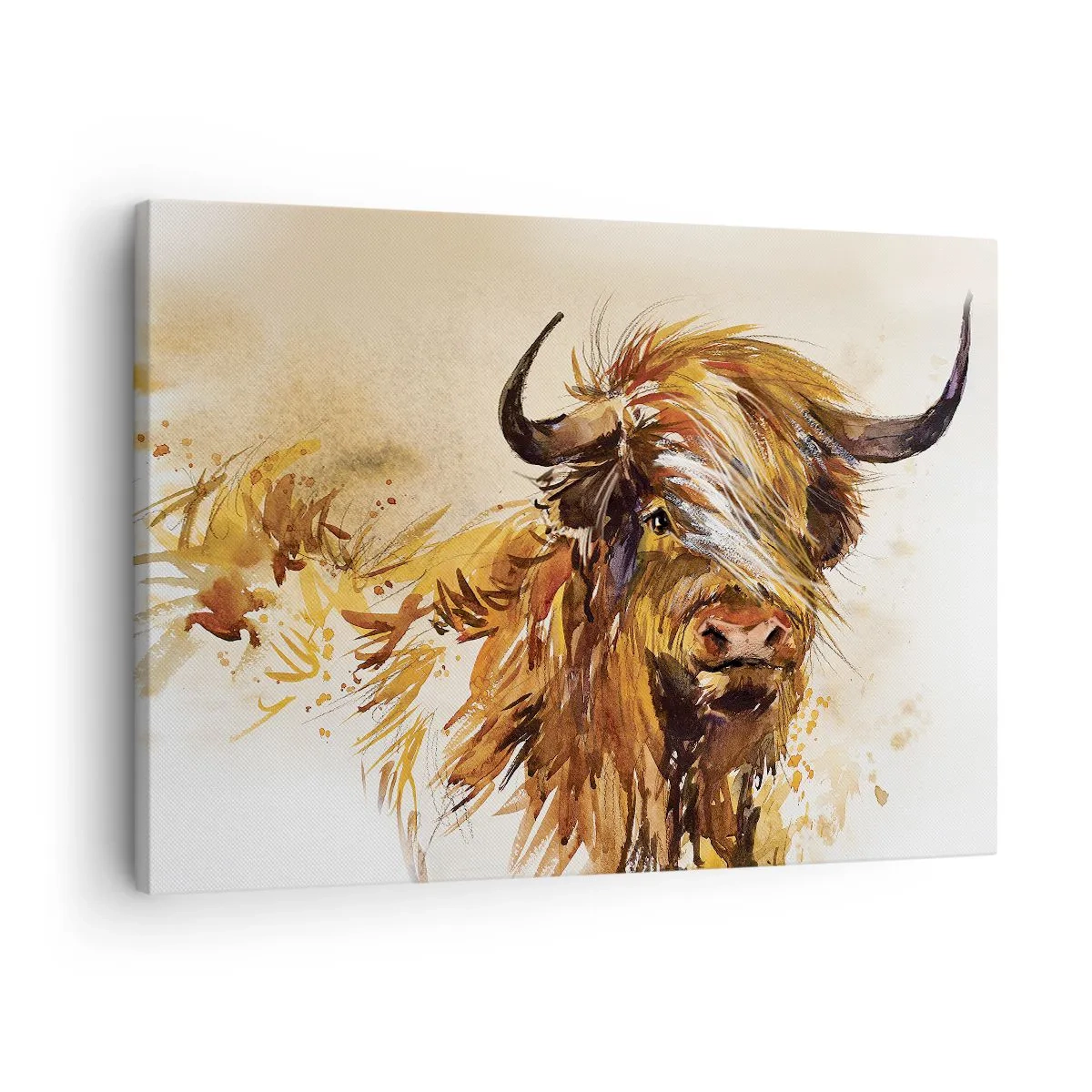Quadro em tela - Retrato de um touro em estilo artístico de aquarela - 70x50cm - Orgulho do caçador - Decoração de parede moderna para a sala de estar e quarto ARTTOR