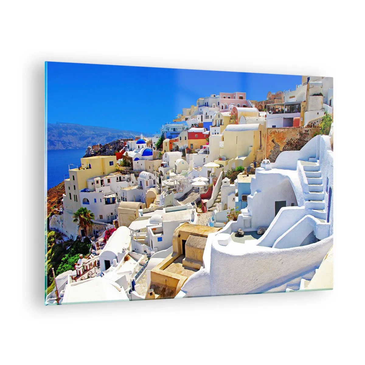 Quadro em vidro - Santorini com casas brancas contra um céu azul - 70x50cm - O sonho de um verão grego - Decoração de parede moderna para a sala de estar e quarto ARTTOR