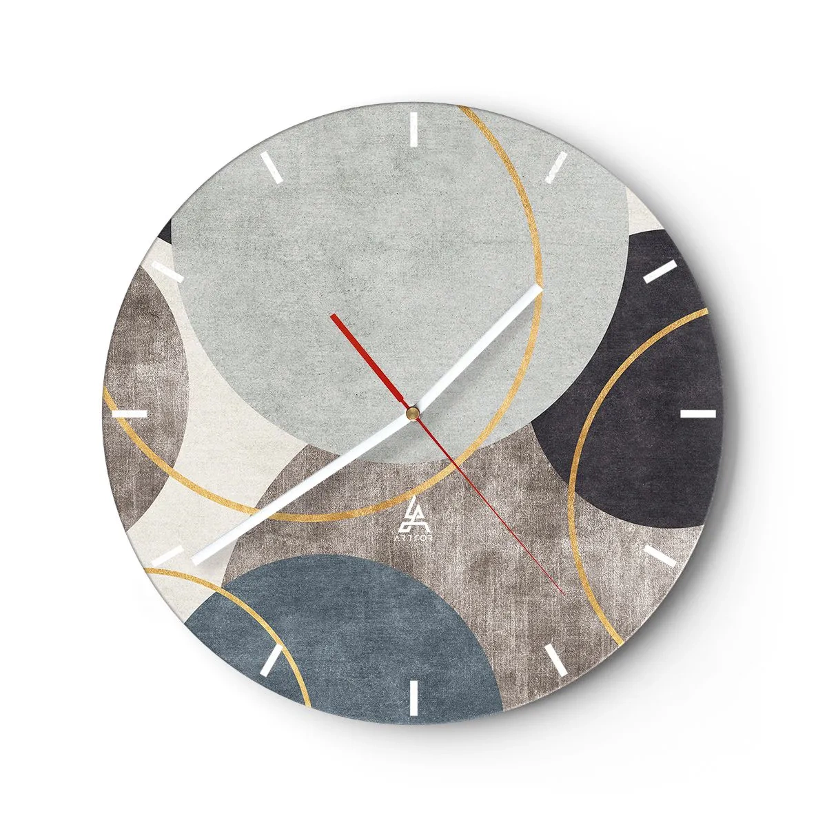 Relógio de parede - Relógio em vidro - Uma composição elegante de círculos e arcos em cores suaves. - 30x30cm - Roda por roda - Decoração de parede moderna para a sala de estar, cozinha e quarto ARTTOR