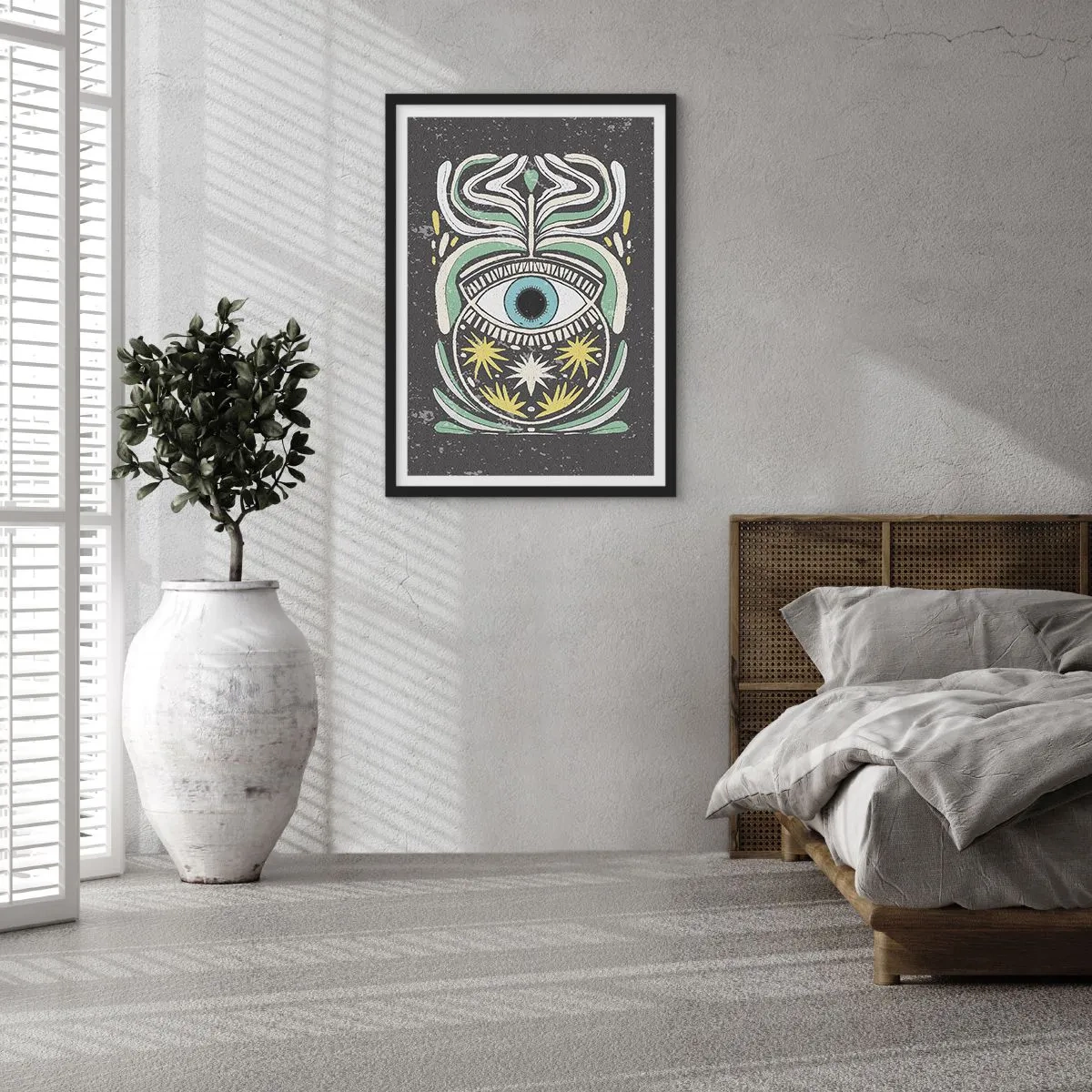 Pôster com moldura preta - Um olho simbólico cercado por padrões de plantas em um fundo escuro. - 50x70cm - Rituais tribais - Decoração de parede moderna para a sala de estar e quarto ARTTOR