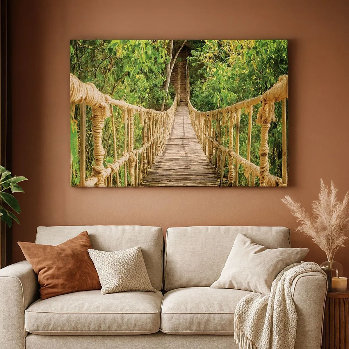 Quadro em tela - Uma ponte suspensa em uma floresta tropical cheia de vegetação - 70x50cm - Suspenso na vegetação - Decoração de parede moderna para a sala de estar e quarto ARTTOR