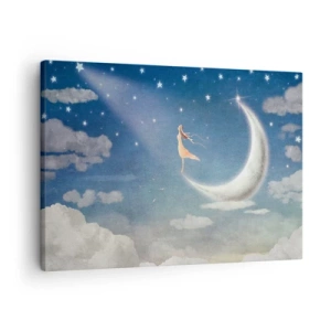 Quadro em tela - Uma mulher na lua cercada por estrelas e nuvens - 70x50cm - O encanto azul - Decoração de parede moderna para a sala de estar e quarto ARTTOR
