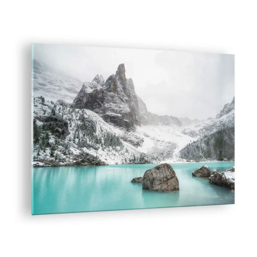 Quadro em vidro - Paisagem de inverno com um lago turquesa - 70x50cm - Na guarda - Decoração de parede moderna para a sala de estar e quarto ARTTOR