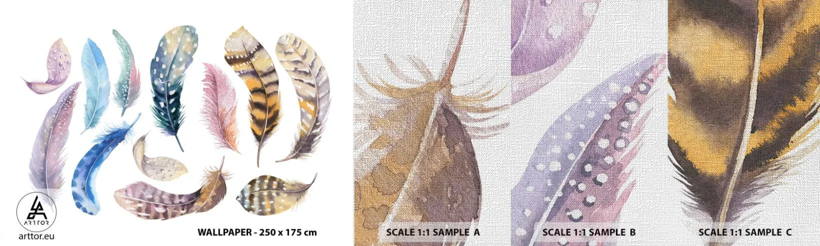 Amostra de papel de parede Premium Canvas - Leve, heterogéneo e multicolorido - Penas de pássaros, Pássaros, Gráficos - 100x30 cm