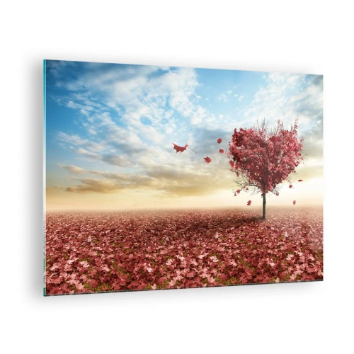 Quadro em vidro - Uma árvore em forma de coração contra um campo de folhas vermelhas - 70x50cm - Ame também o outono - Decoração de parede moderna para a sala de estar e quarto ARTTOR