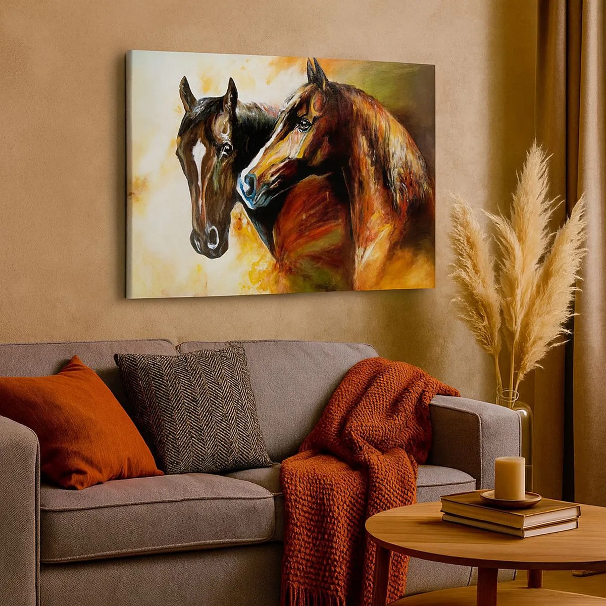 Quadro em tela - Um par de cavalos em uma composição pictórica - 70x50cm - Encanto em dobro - Decoração de parede moderna para a sala de estar e quarto ARTTOR